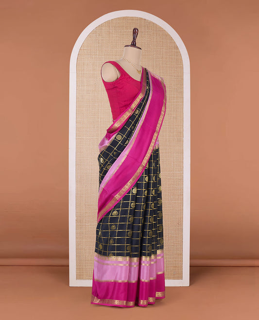 Black butta enclosed checked Mysore silk saree, contrast traditional zari border, and pallu of zari thick stripes