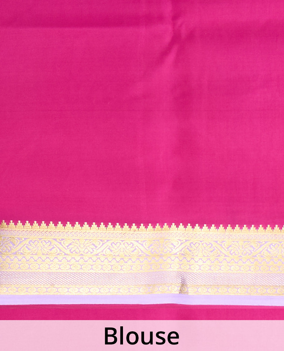 Lavender elephant motifs woven Mysore silk saree, contrast traditional zari border, and pallu of big paisley designs