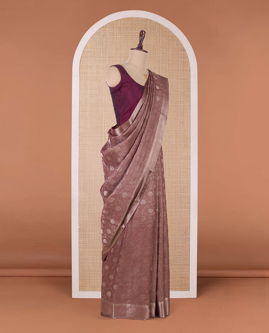 Brown floral jaal jacquard Mysore silk saree, traditional zari border, and jaal pallu