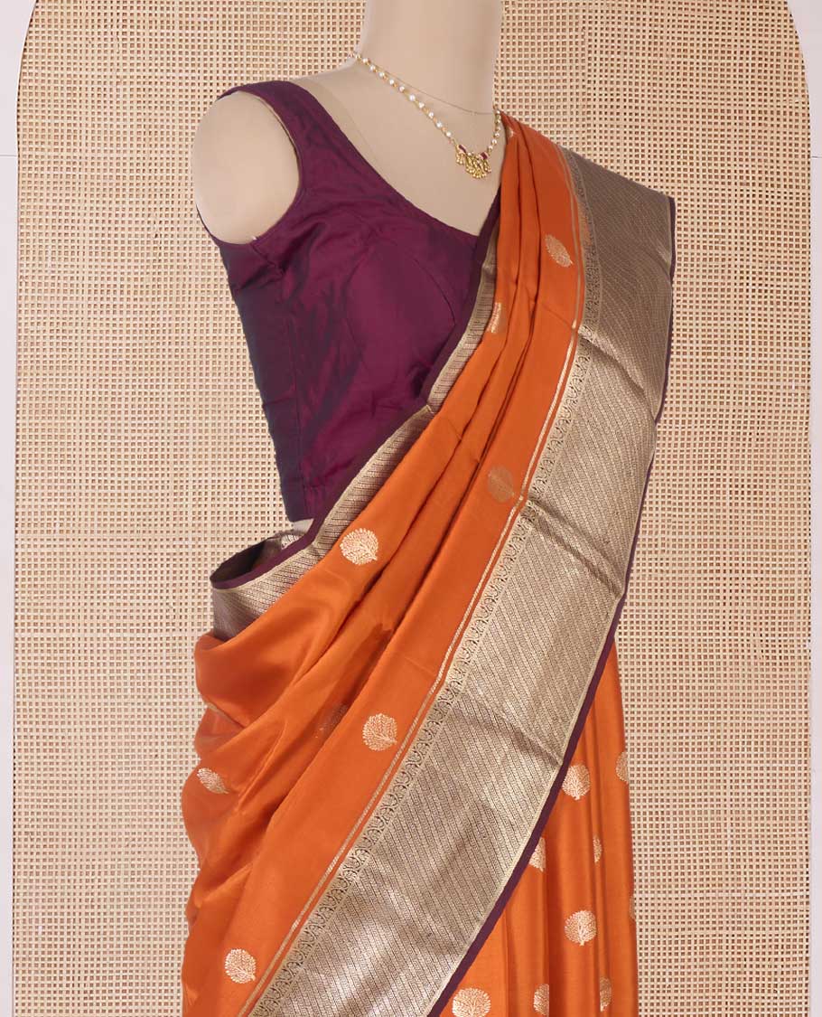 Orange tree buttas Mysore silk saree, contrast traditional zari border, and intricate pallu