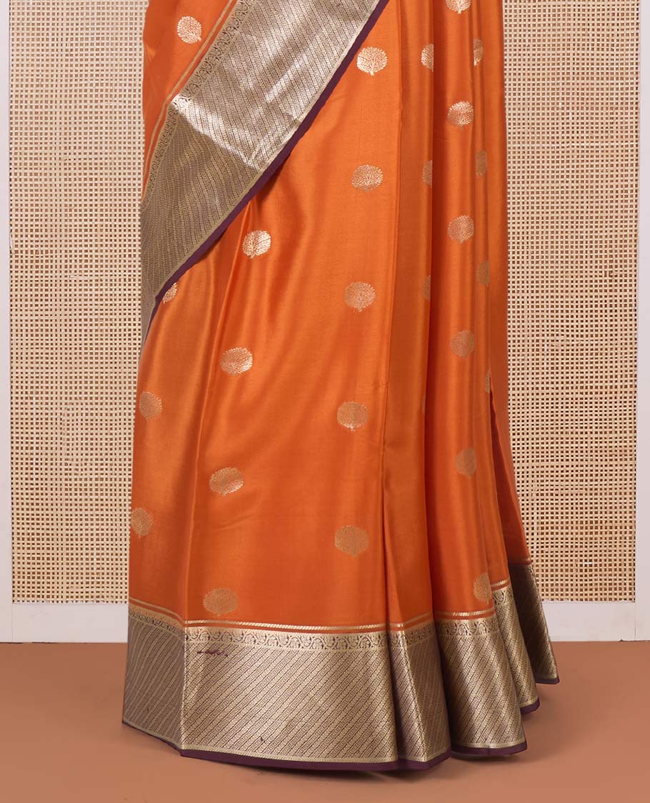 Orange tree buttas Mysore silk saree, contrast traditional zari border, and intricate pallu