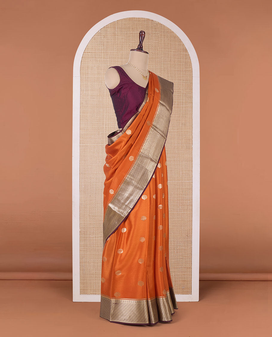 Orange tree buttas Mysore silk saree, contrast traditional zari border, and intricate pallu
