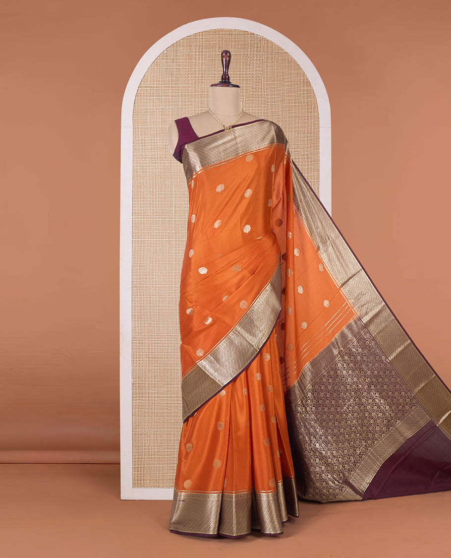Orange tree buttas Mysore silk saree, contrast traditional zari border, and intricate pallu