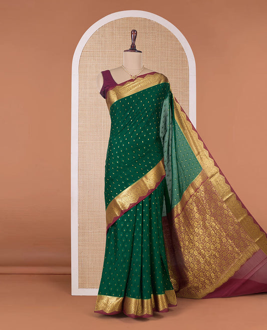 Green zari buttas Mysore silk saree, contrast traditional zari border, and pallu of floral jaal designs