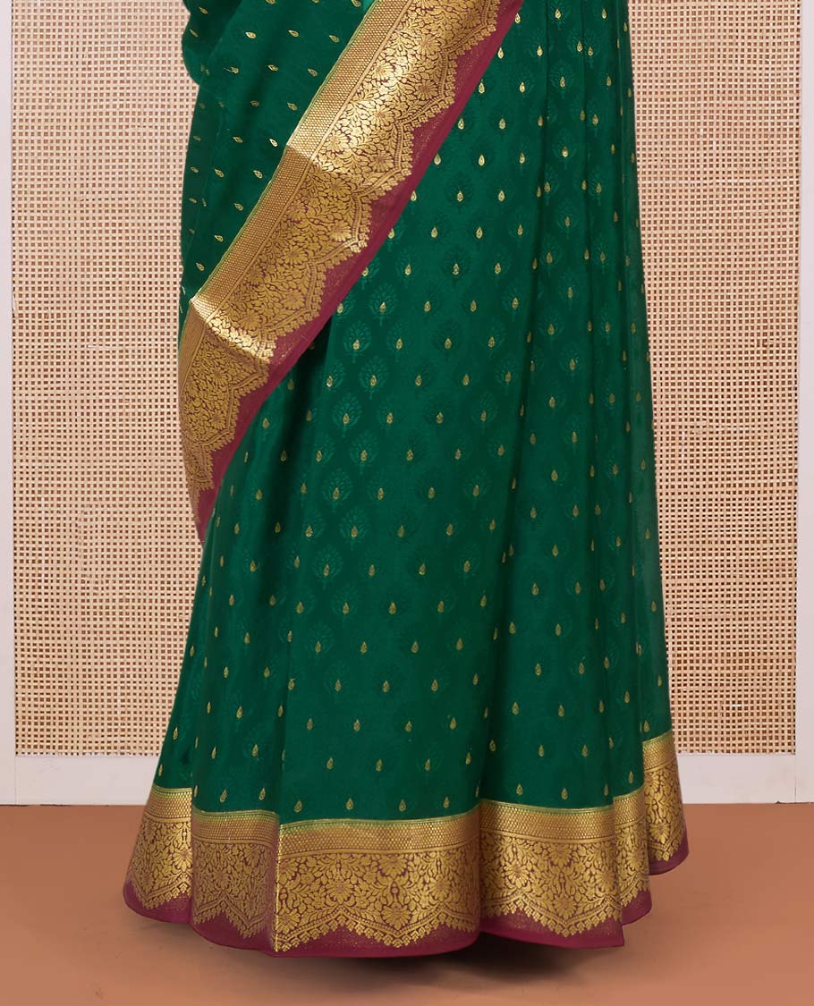 Green zari buttas Mysore silk saree, contrast traditional zari border, and pallu of floral jaal designs
