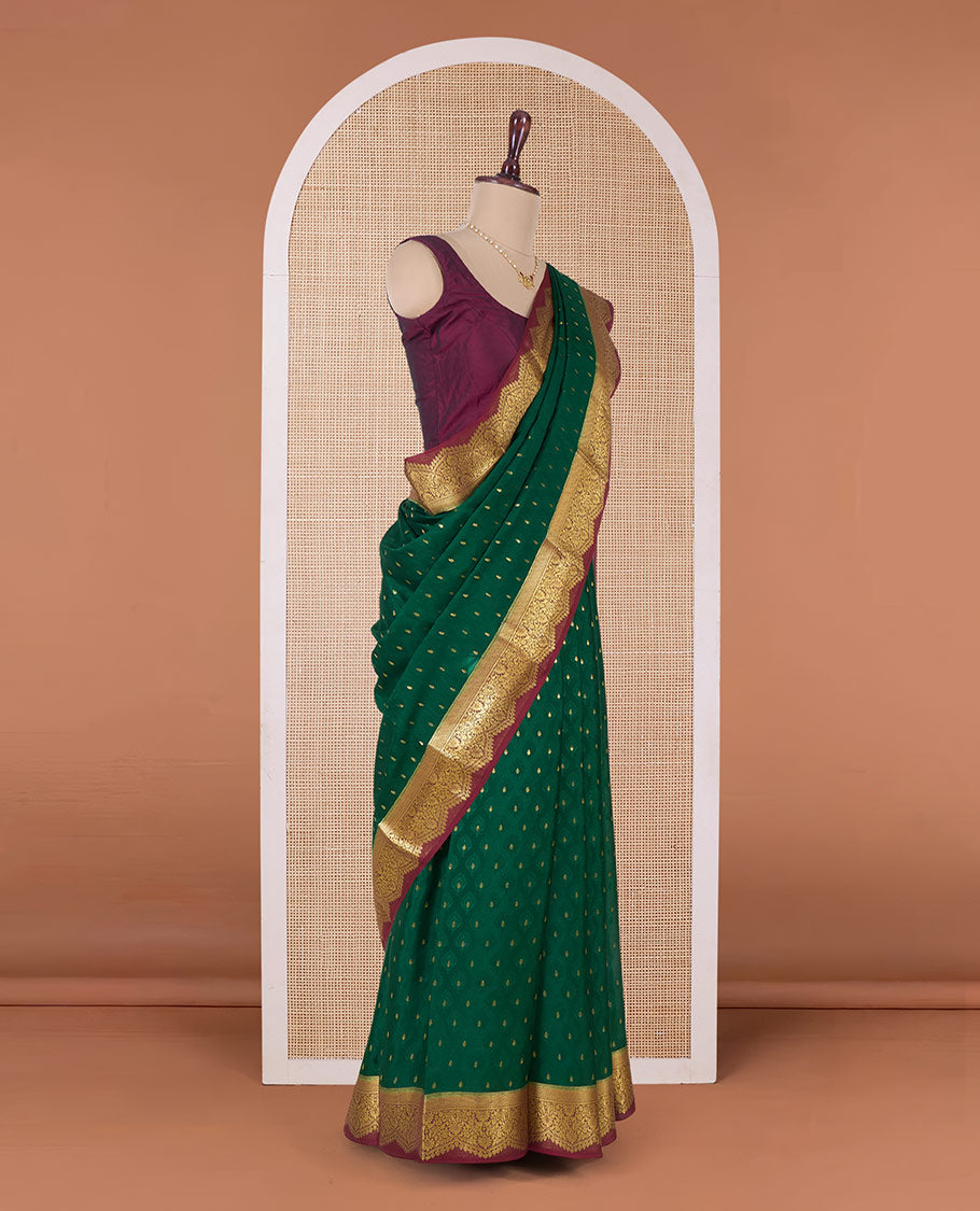 Green zari buttas Mysore silk saree, contrast traditional zari border, and pallu of floral jaal designs