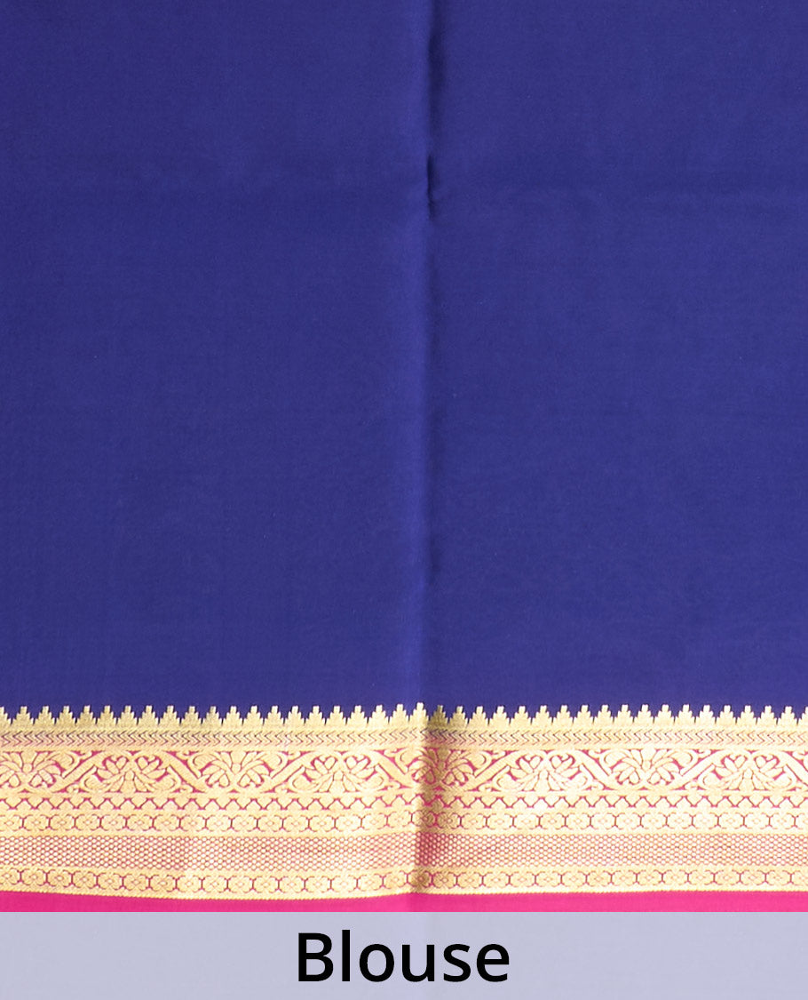 Pink elephant motifs woven Mysore silk saree, contrast traditional zari border, and pallu of big paisley designs