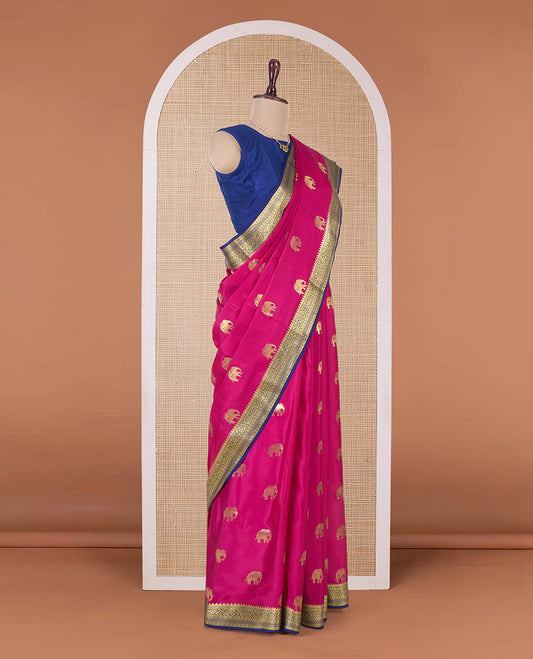 Pink elephant motifs woven Mysore silk saree, contrast traditional zari border, and pallu of big paisley designs