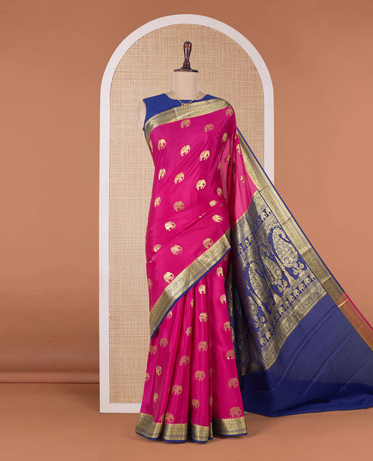 Pink elephant motifs woven Mysore silk saree, contrast traditional zari border, and pallu of big paisley designs