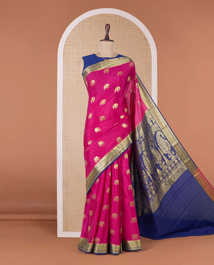 Pink elephant motifs woven Mysore silk saree, contrast traditional zari border, and pallu of big paisley designs