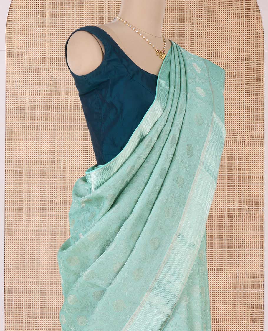 Green floral jaal jacquard Mysore silk saree, traditional zari border, and jaal pallu