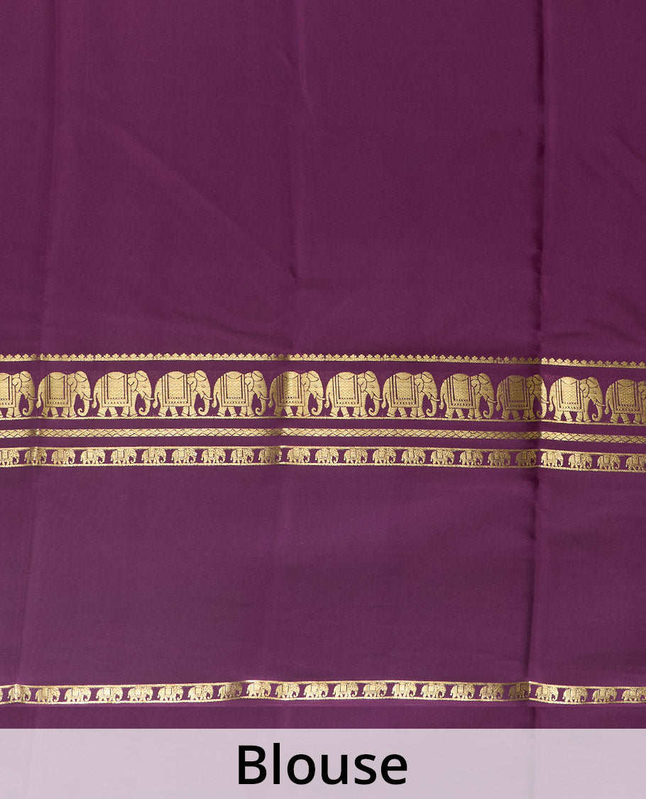 Purple plain Mysore silk saree, traditional zari border, and pallu of zari designs