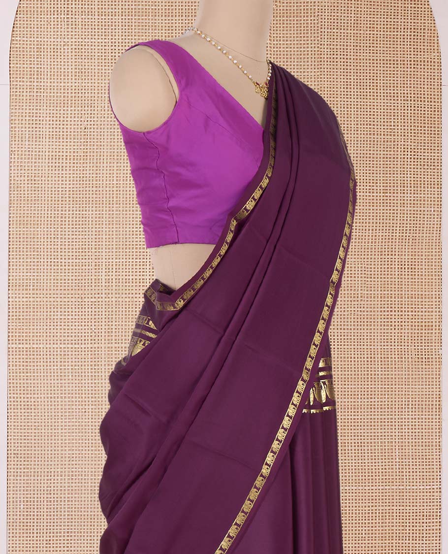 Purple plain Mysore silk saree, traditional zari border, and pallu of zari designs