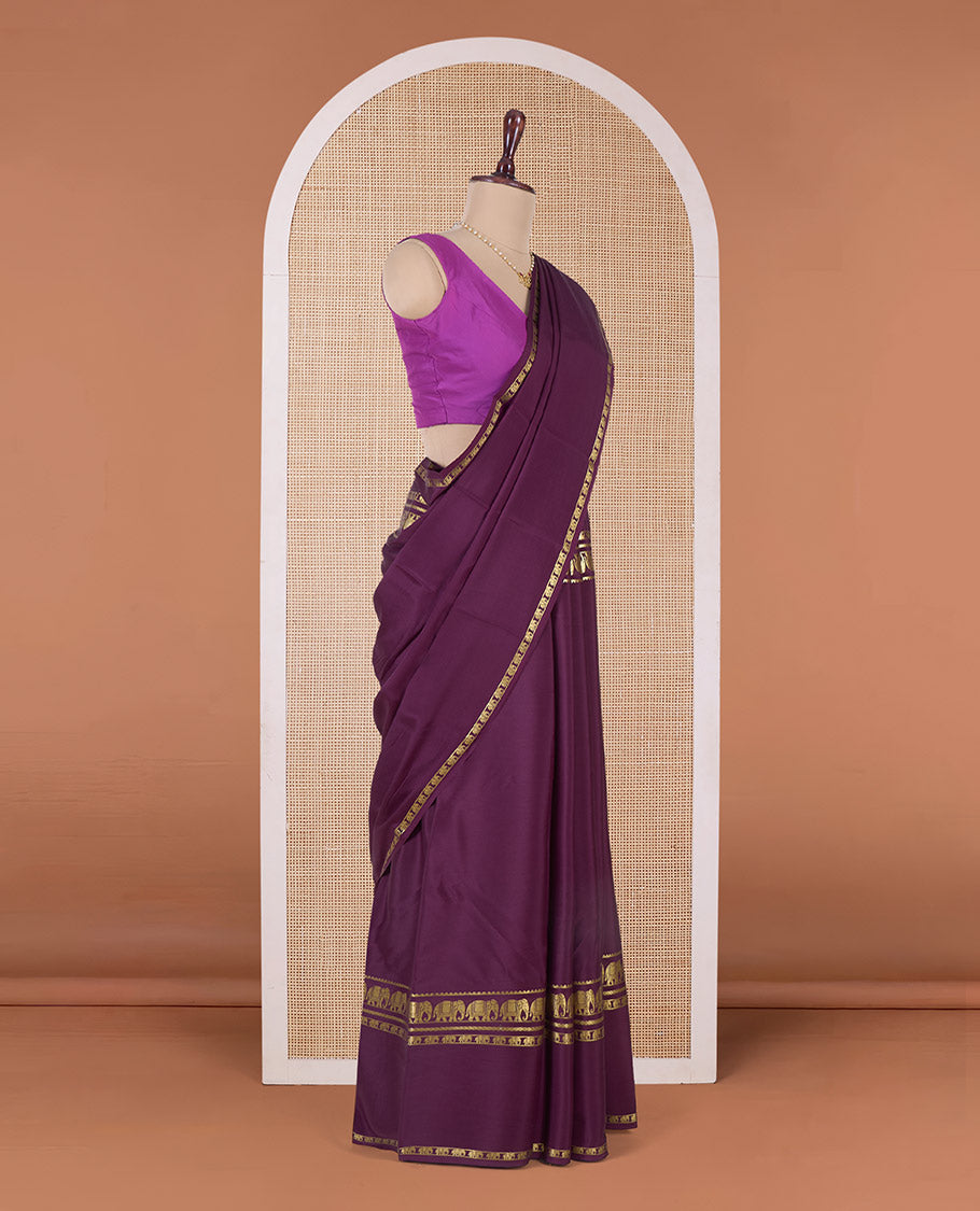 Purple plain Mysore silk saree, traditional zari border, and pallu of zari designs