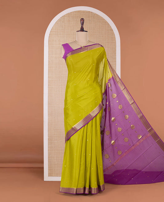 Green zari buttas Mysore silk saree, contrast traditional zari border, and zari design pallu