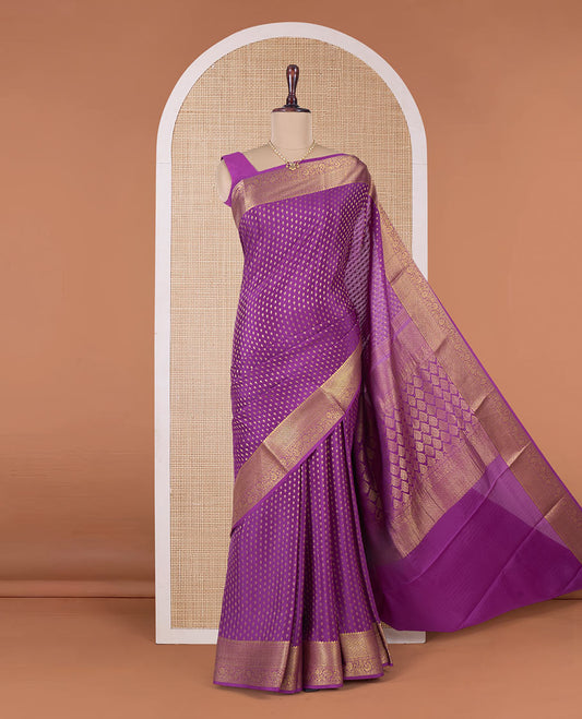Purple zari buttas Mysore silk saree, traditional zari border, and intricate pallu