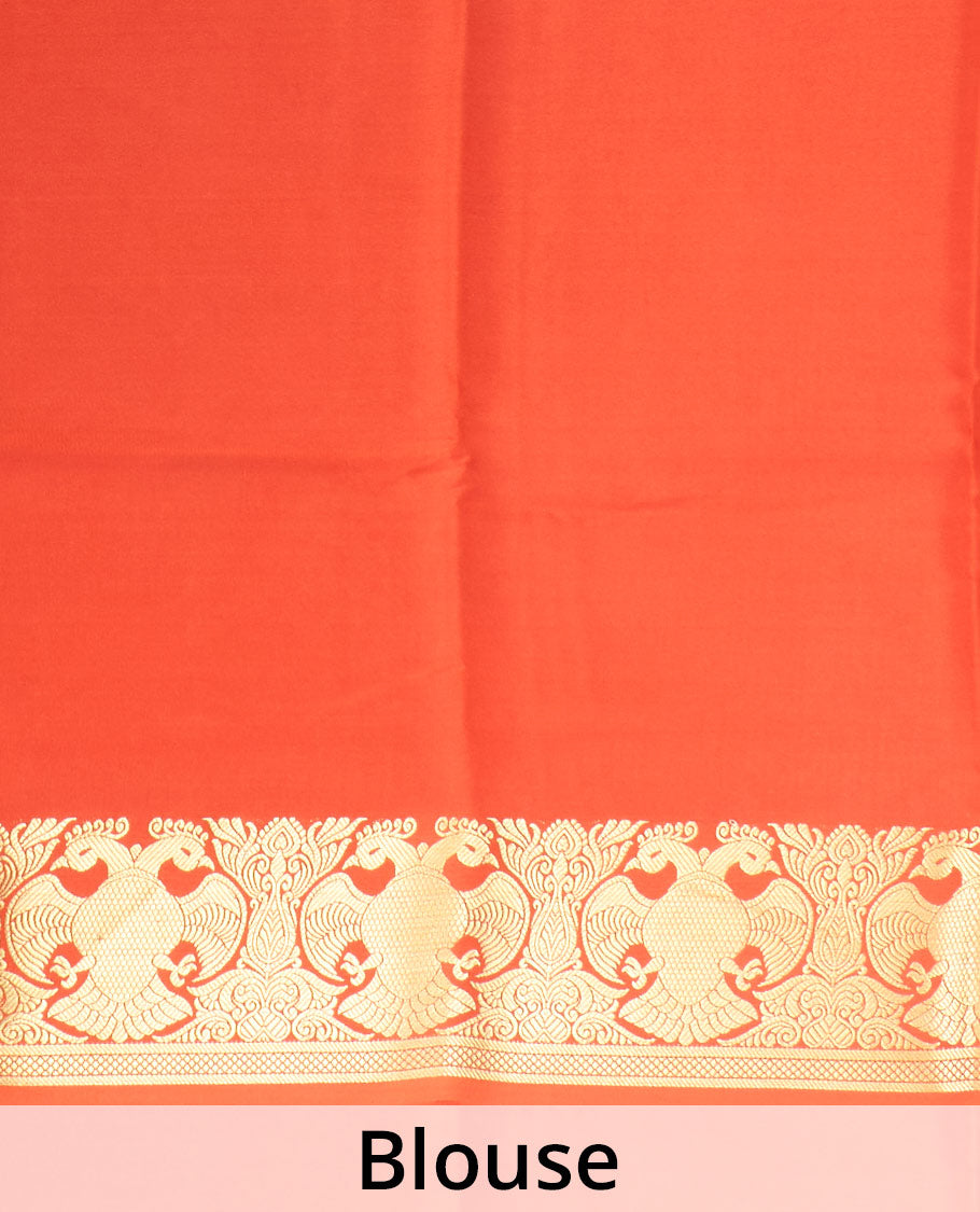 Orange plain Mysore silk saree, two-headed eagle motifs zari border, and pallu