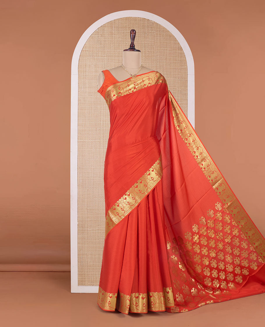 Orange plain Mysore silk saree, two-headed eagle motifs zari border, and pallu
