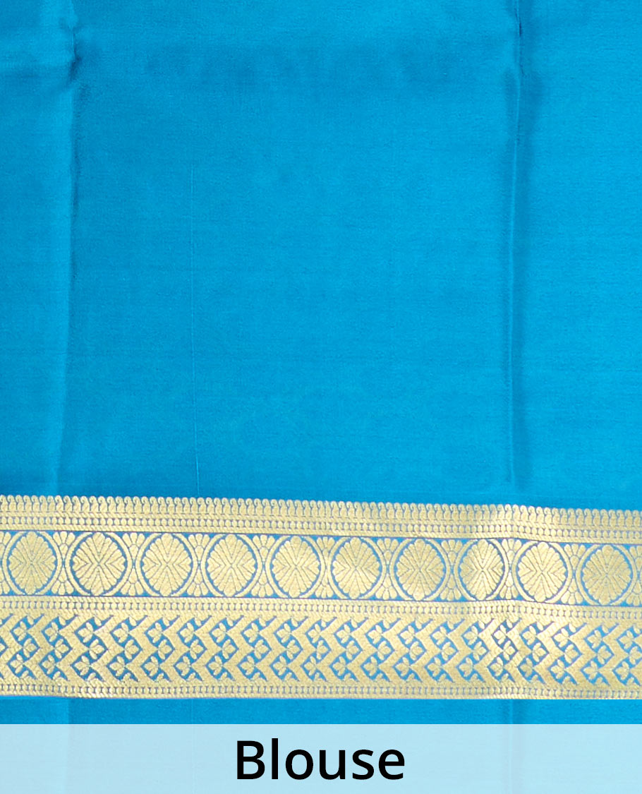 Peach zari buttas Mysore silk saree, contrast traditional zari border, and intricate pallu