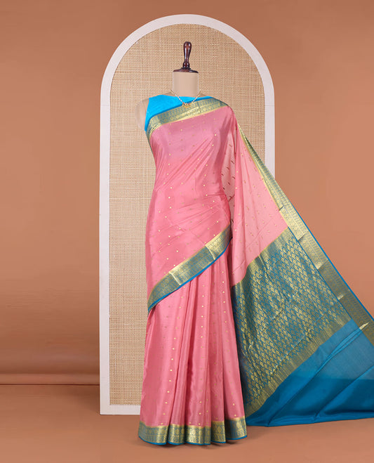 Peach zari buttas Mysore silk saree, contrast traditional zari border, and intricate pallu