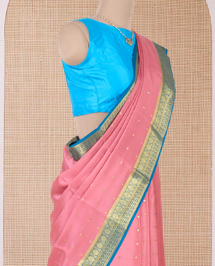 Peach zari buttas Mysore silk saree, contrast traditional zari border, and intricate pallu