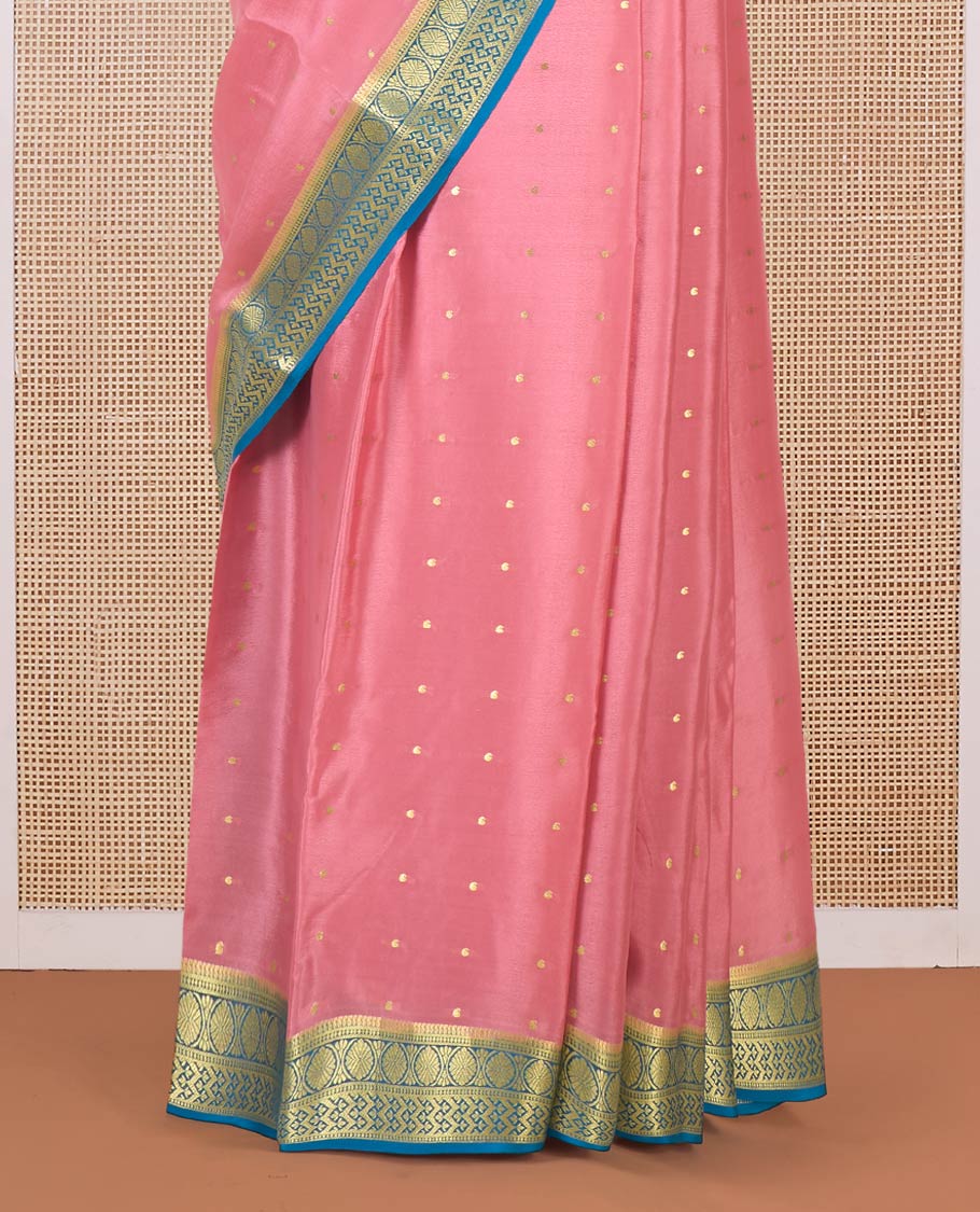 Peach zari buttas Mysore silk saree, contrast traditional zari border, and intricate pallu