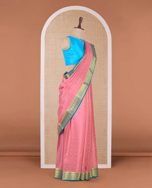 Peach zari buttas Mysore silk saree, contrast traditional zari border, and intricate pallu