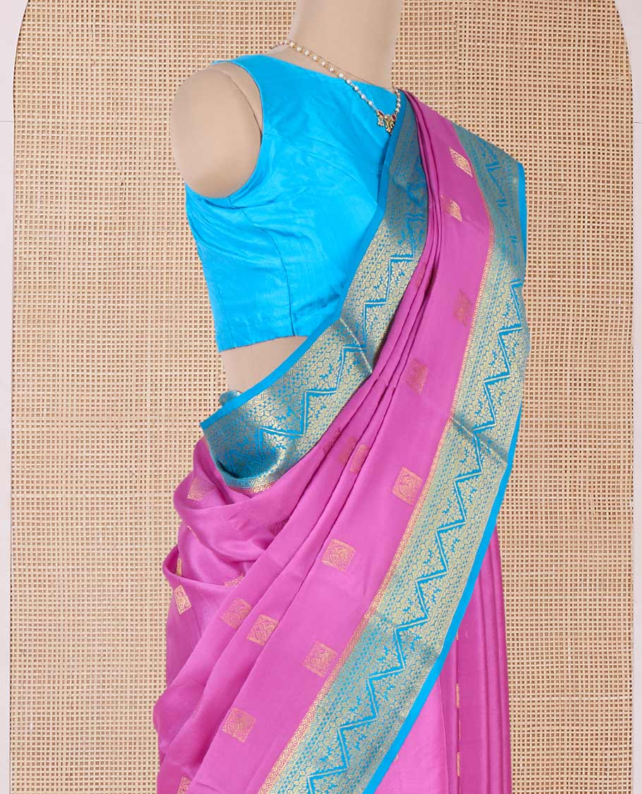 Pink square zari buttas Mysore silk saree, contrast traditional zari border, and intricate pallu