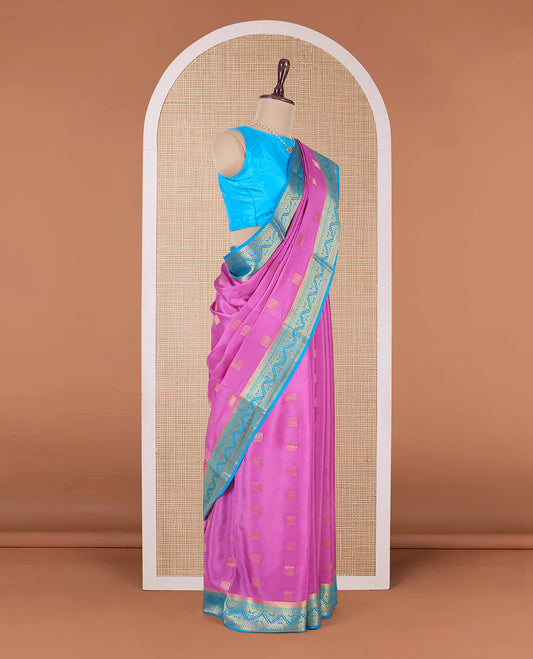 Pink square zari buttas Mysore silk saree, contrast traditional zari border, and intricate pallu