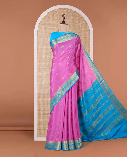 Pink square zari buttas Mysore silk saree, contrast traditional zari border, and intricate pallu