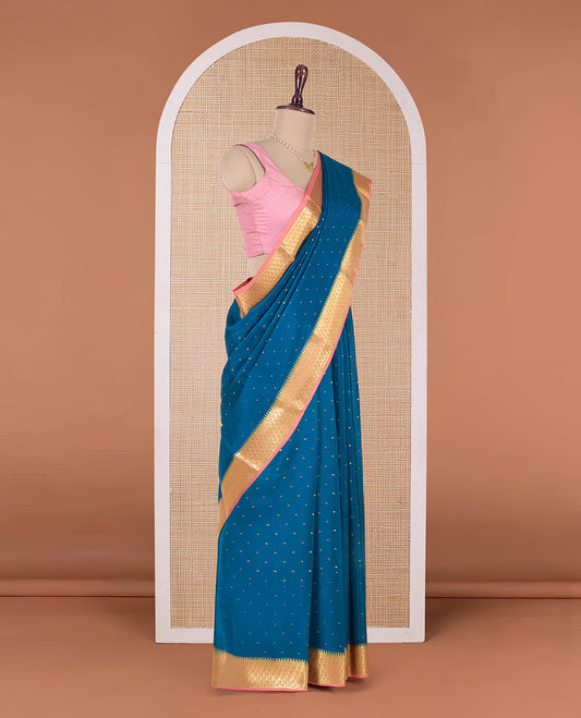Blue zari buttas Mysore silk saree, contrast paisley motifs zari woven border, and intricate pallu