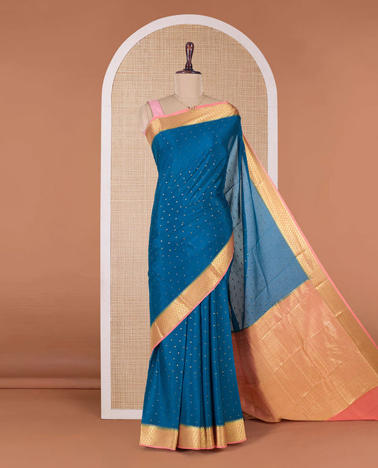 Blue zari buttas Mysore silk saree, contrast paisley motifs zari woven border, and intricate pallu