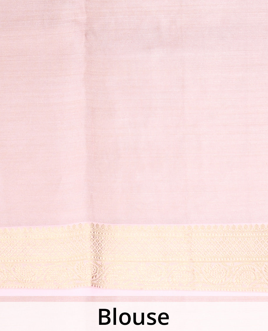 Peach Pichwai cow motifs Mysore silk saree, traditional zari border, and intricately woven pallu