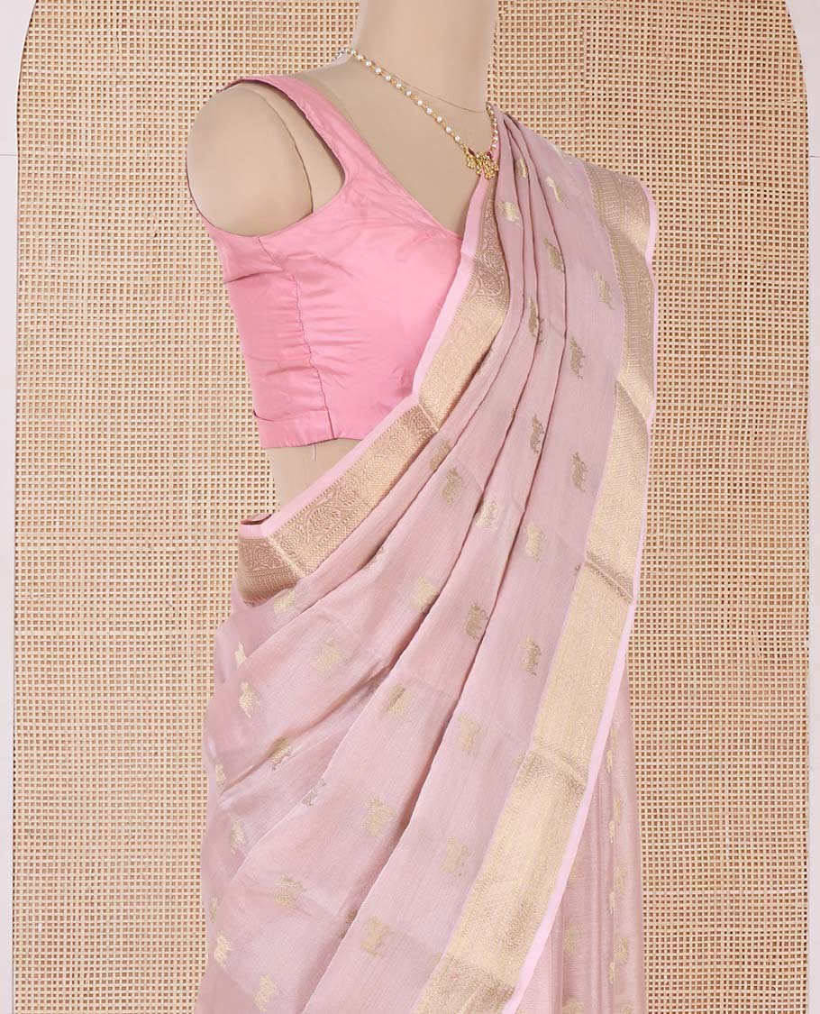 Peach Pichwai cow motifs Mysore silk saree, traditional zari border, and intricately woven pallu