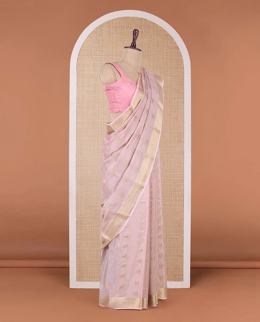 Peach Pichwai cow motifs Mysore silk saree, traditional zari border, and intricately woven pallu