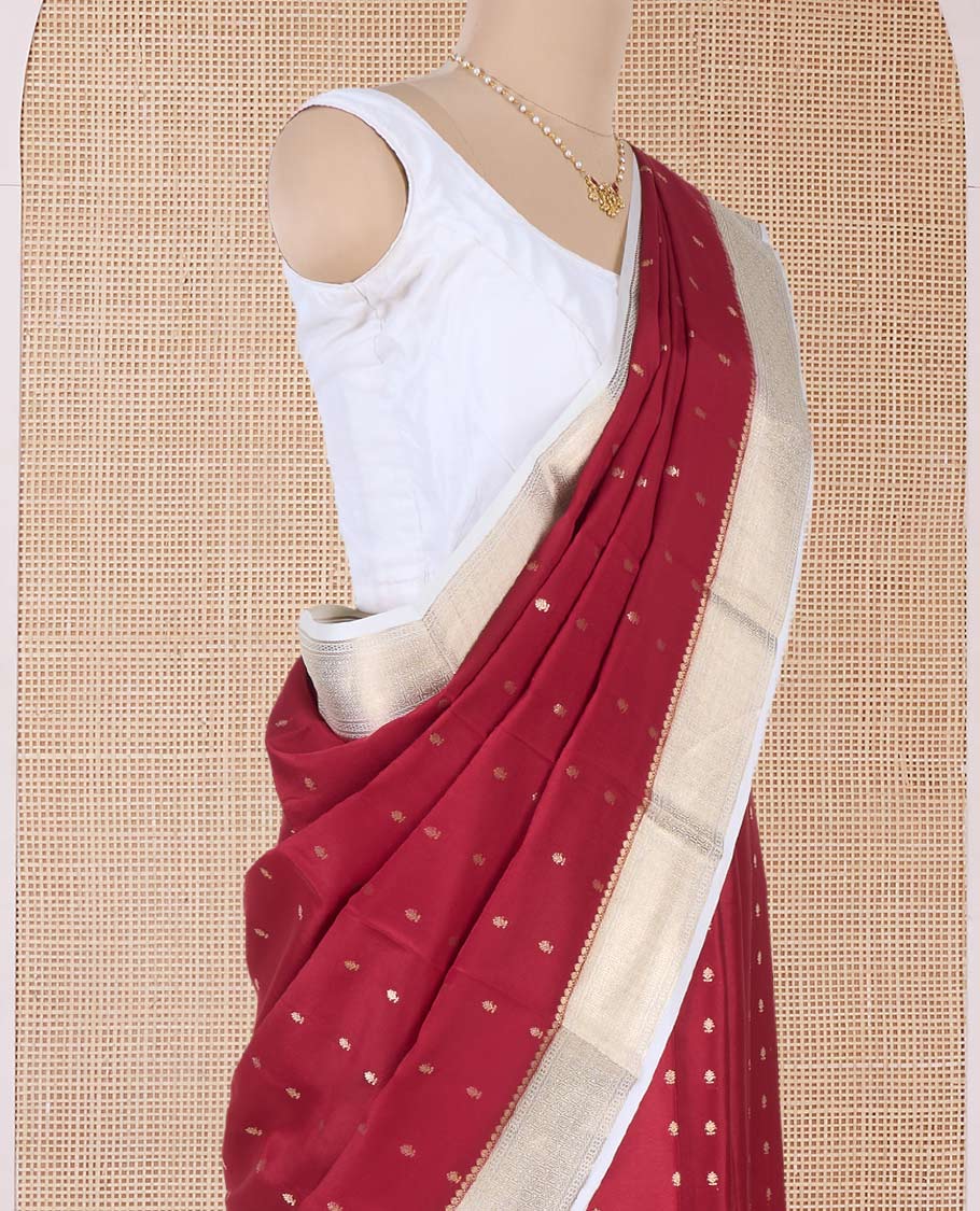 Rust zari buttas Mysore silk saree, contrast traditional zari border, and zari rich jaal pallu