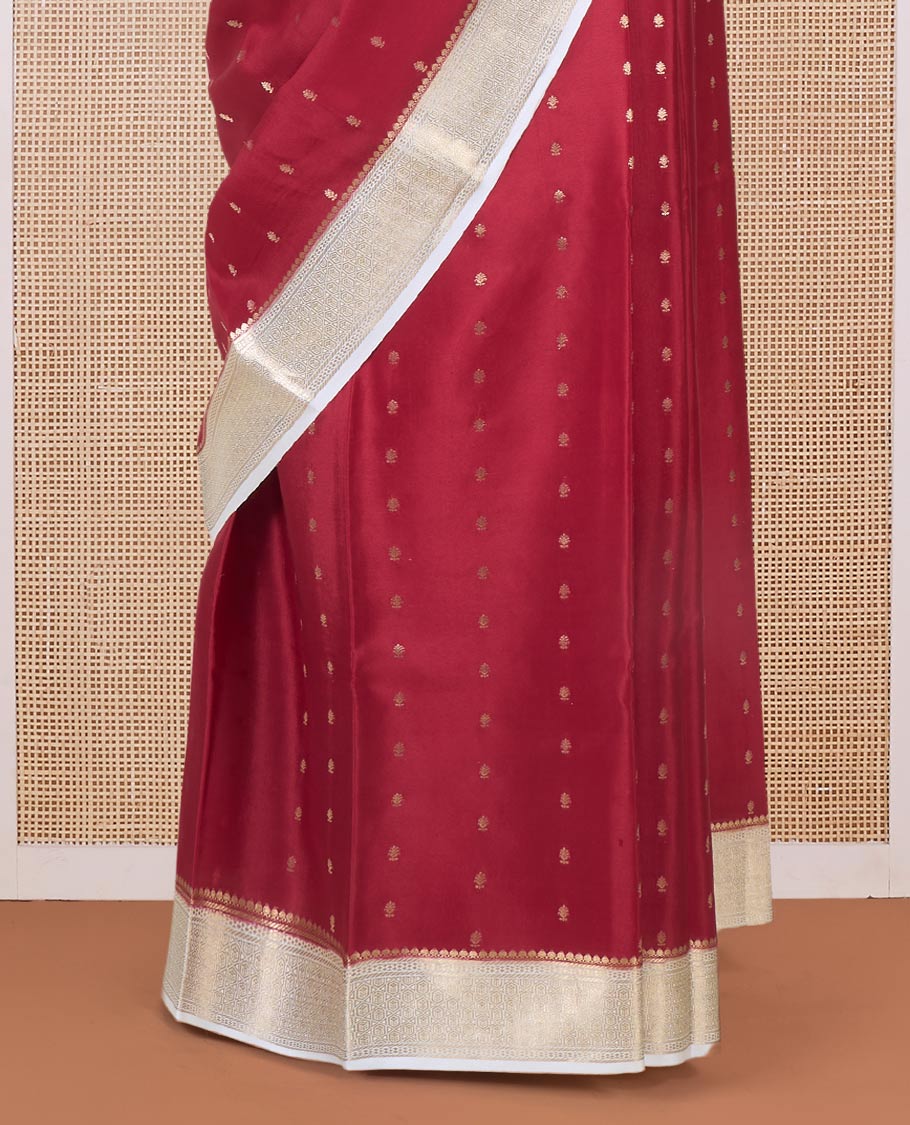 Rust zari buttas Mysore silk saree, contrast traditional zari border, and zari rich jaal pallu