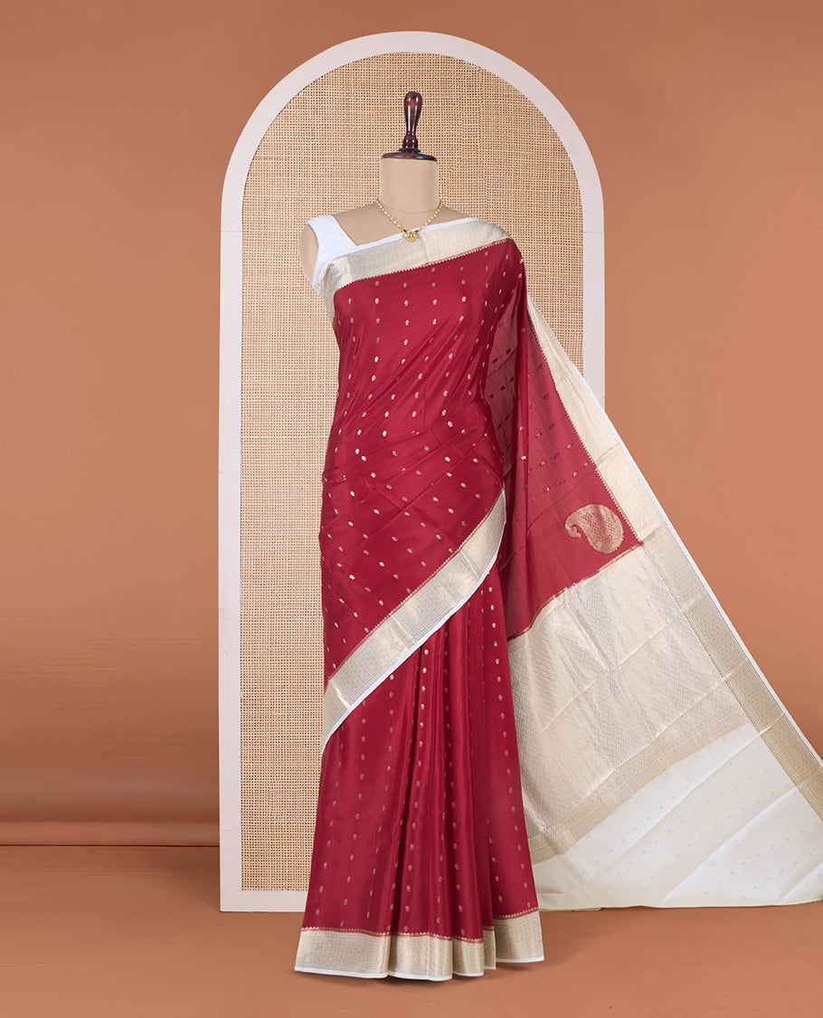Rust zari buttas Mysore silk saree, contrast traditional zari border, and zari rich jaal pallu
