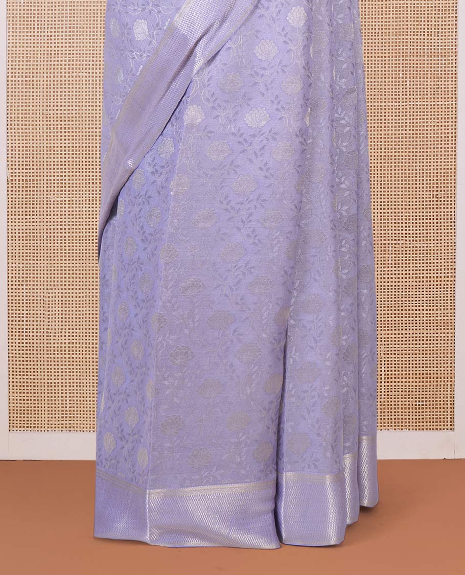 Lavender floral jaal jacquard Mysore silk saree, traditional zari border, and jaal pallu
