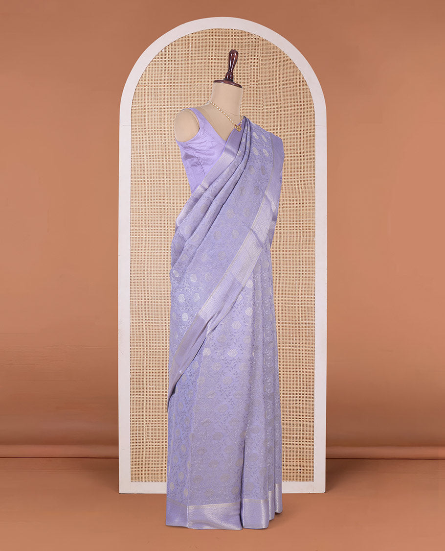 Lavender floral jaal jacquard Mysore silk saree, traditional zari border, and jaal pallu