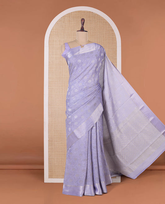 Lavender floral jaal jacquard Mysore silk saree, traditional zari border, and jaal pallu