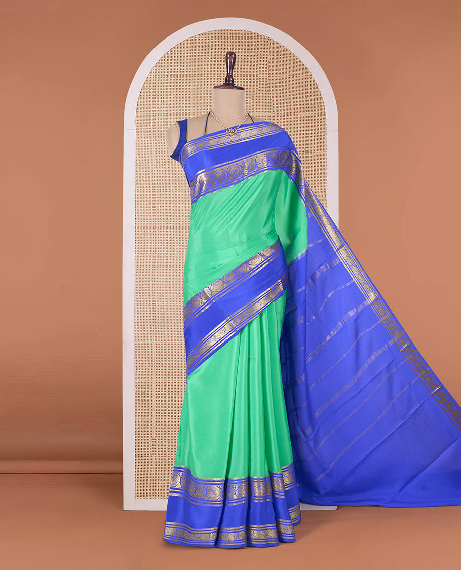 Green plain design Mysore silk saree, contrast rettai pettu traditional zari border, and zari striped pallu