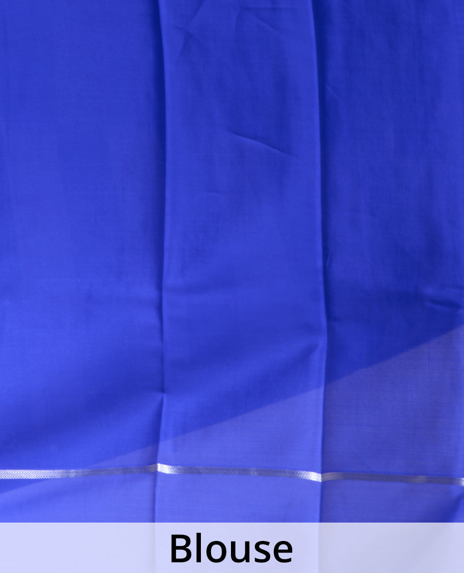 Blue floral creeper, peacock, elephant motifs woven Mysore silk saree, self-border, and traditional zari pallu