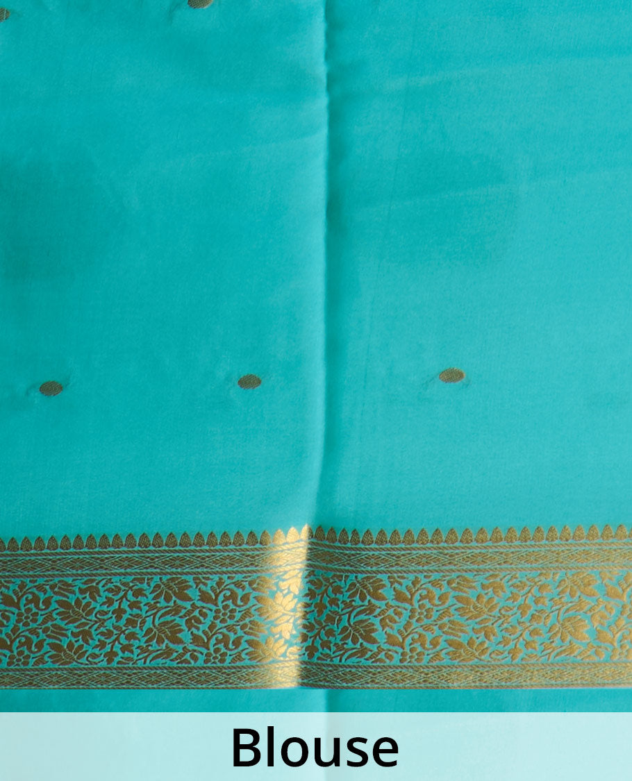 Black zari buttas Mysore silk saree, contrast floral creeper zari border, and pallu of zari buttas