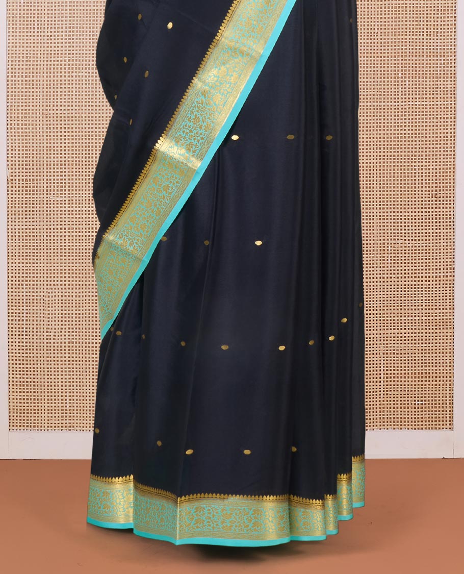 Black zari buttas Mysore silk saree, contrast floral creeper zari border, and pallu of zari buttas