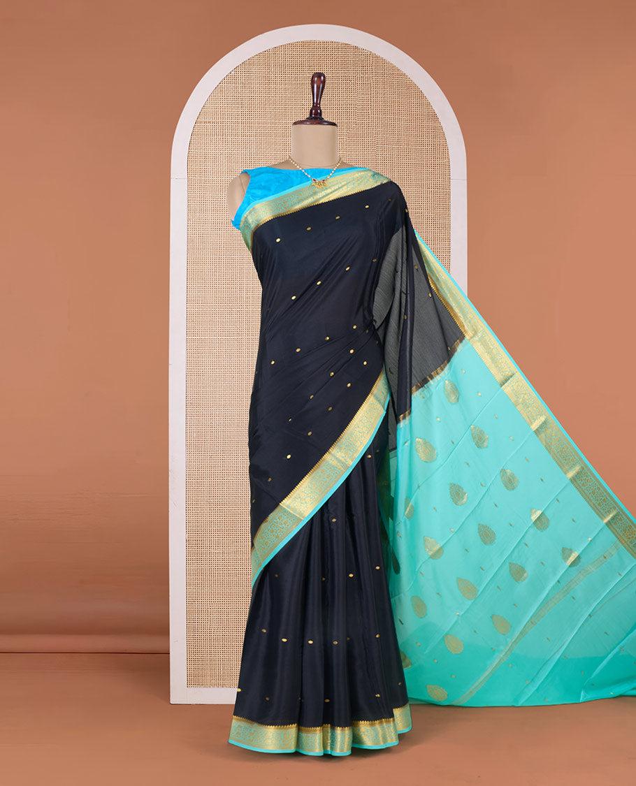 Black zari buttas Mysore silk saree, contrast floral creeper zari border, and pallu of zari buttas