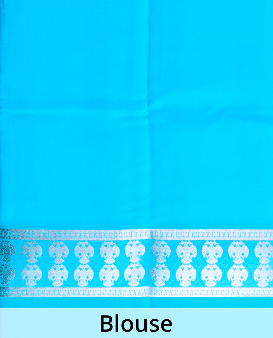 Blue plain Mysore silk saree, two-headed eagle zari woven border, and pallu of two-headed eagle motifs