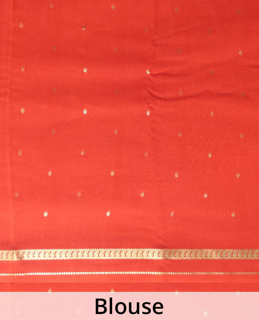Orange zari buttas Mysore silk saree, paisley motifs border, and pallu of zari stripes