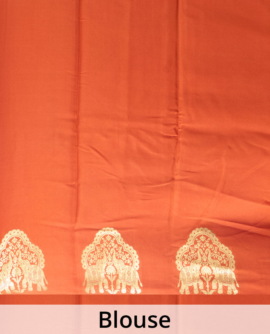 Orange plain Mysore silk saree, elephant motifs border, and pallu steeped with elephant motifs in zari