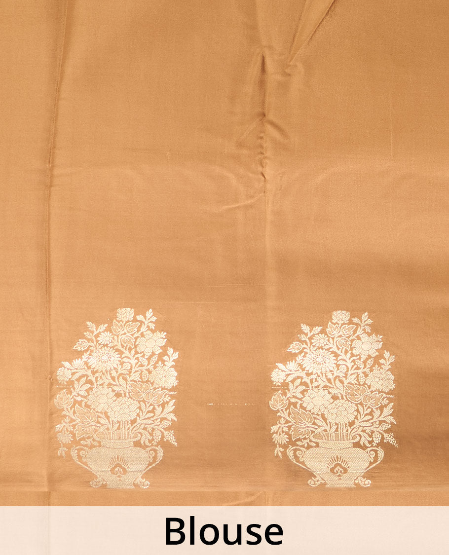 Mustard plain Mysore silk saree, floral bouquet zari border, and zari striped pallu